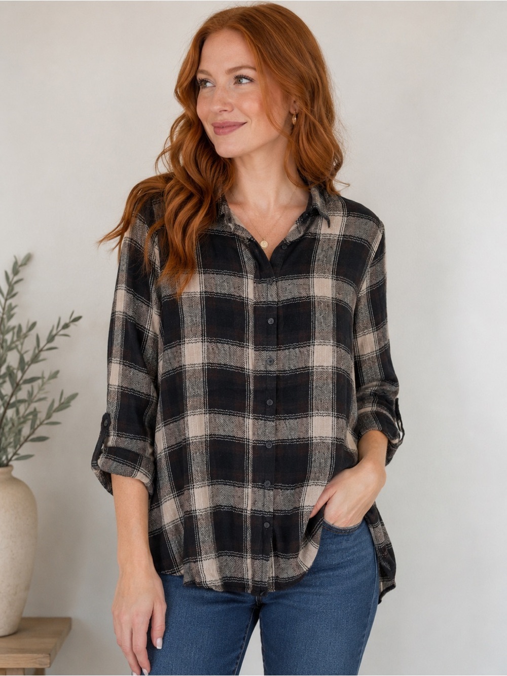 222. Doe & Rae Plaid Button Down Shirt Black Taupe Long Sleeve Women’s